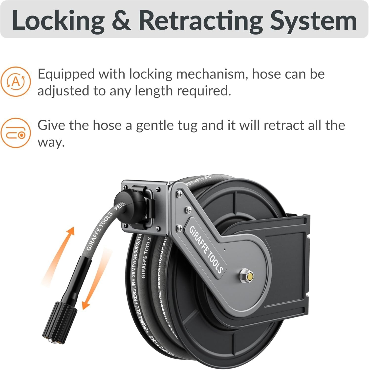 Giraffe Tools Retractable Power Pressure Washer Hose Reel 1/4″ x 60 ft, 4000PSI