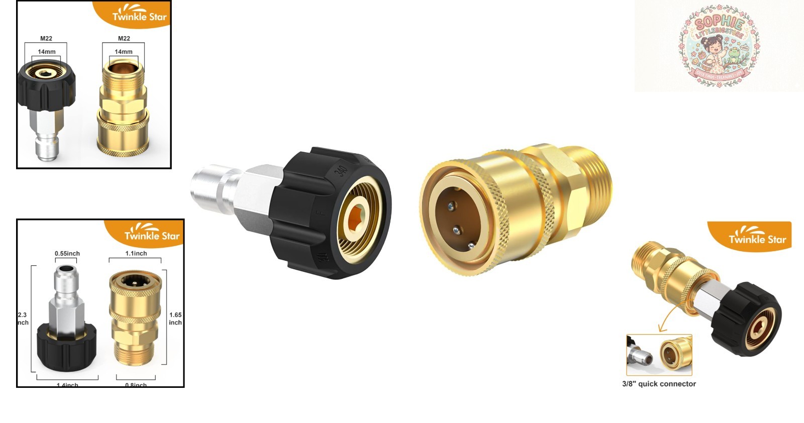 M22 14mm to 3/8″ Brass Quick Connectors – 2-Piece Pressure Washer Fittings