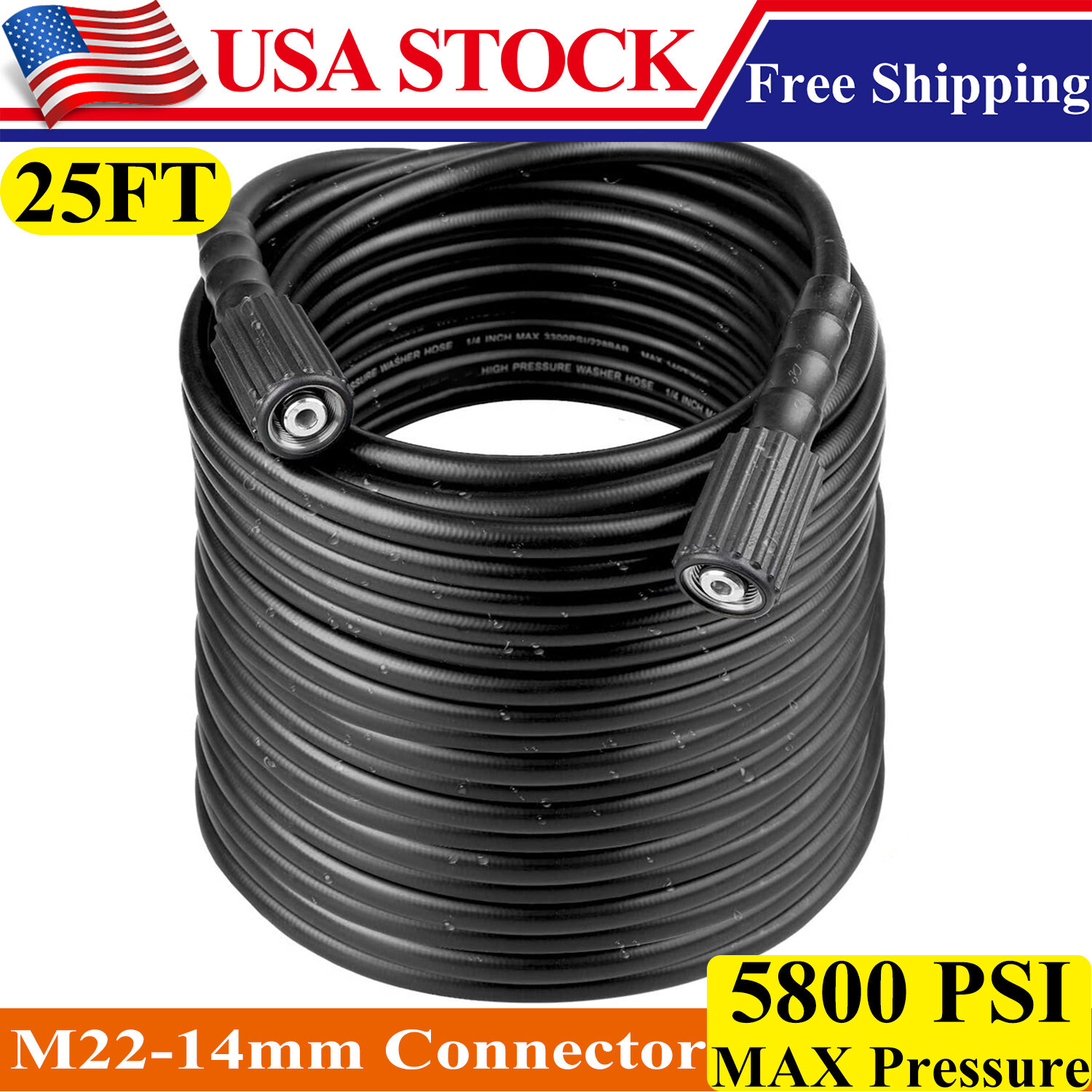 High Pressure Washer Hose 8m/26ft 5800PSI M22-14mm Power Washer Extension Tube
