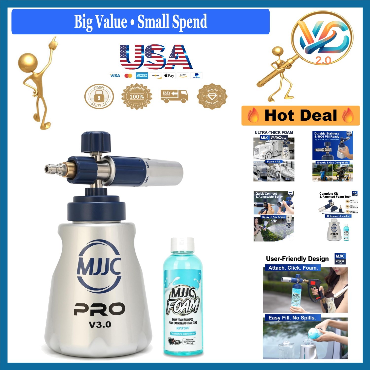Pro V3.0 Foam Cannon for Pressure Washers 44oz Stainless Steel Professional C…