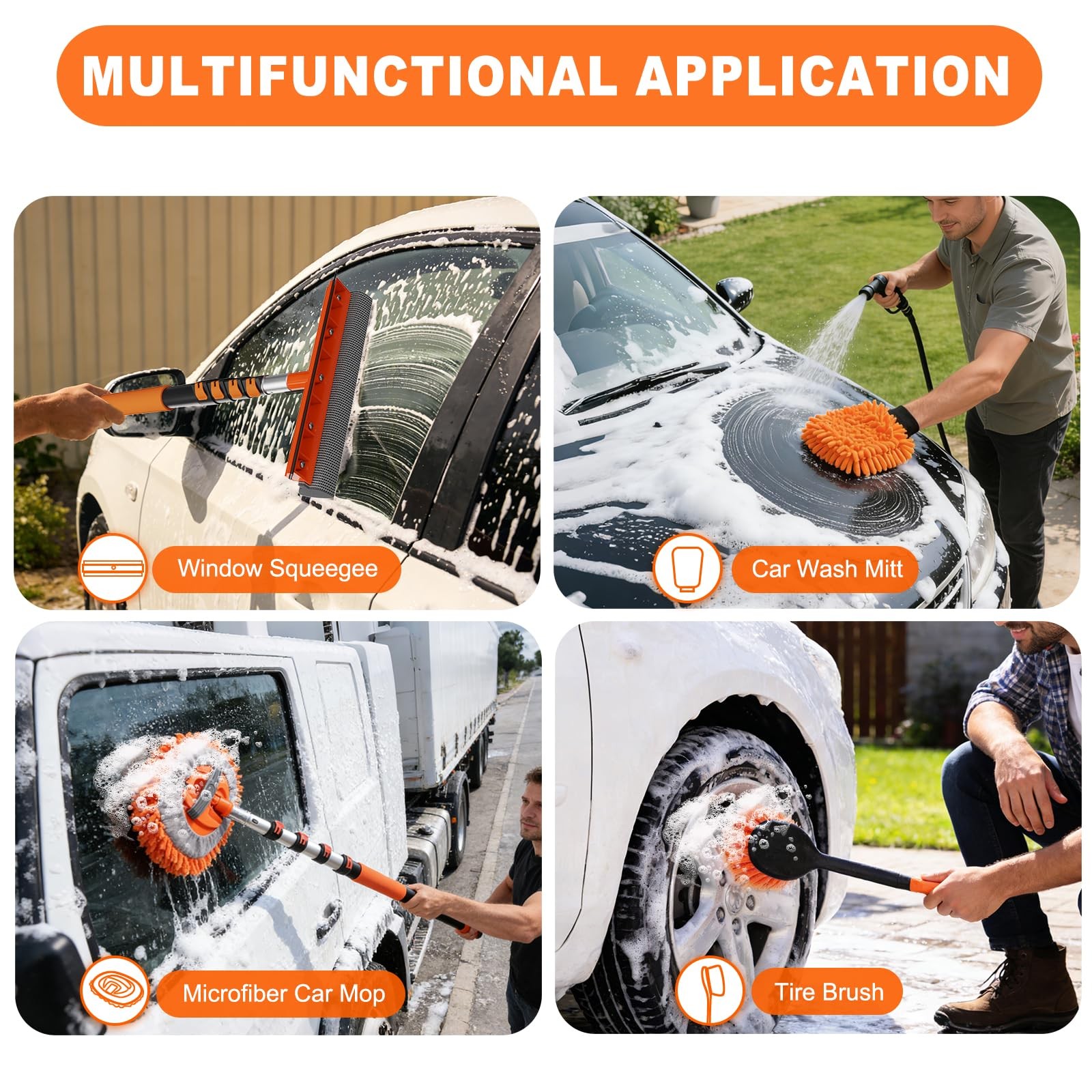 SISUPASSIE 16FT Car Wash Brush with Long Handle, Cleaning 16FT, Orange