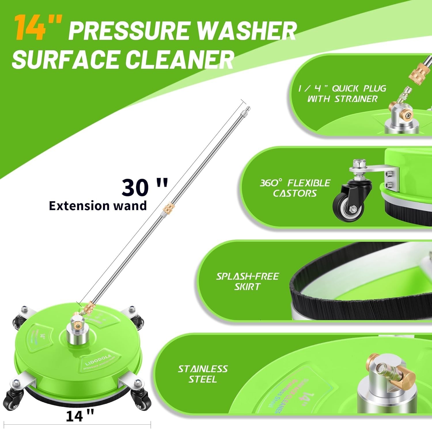 Eco-Friendly 14″ Pressure Washer Surface Cleaner – Green Stainless Steel Design