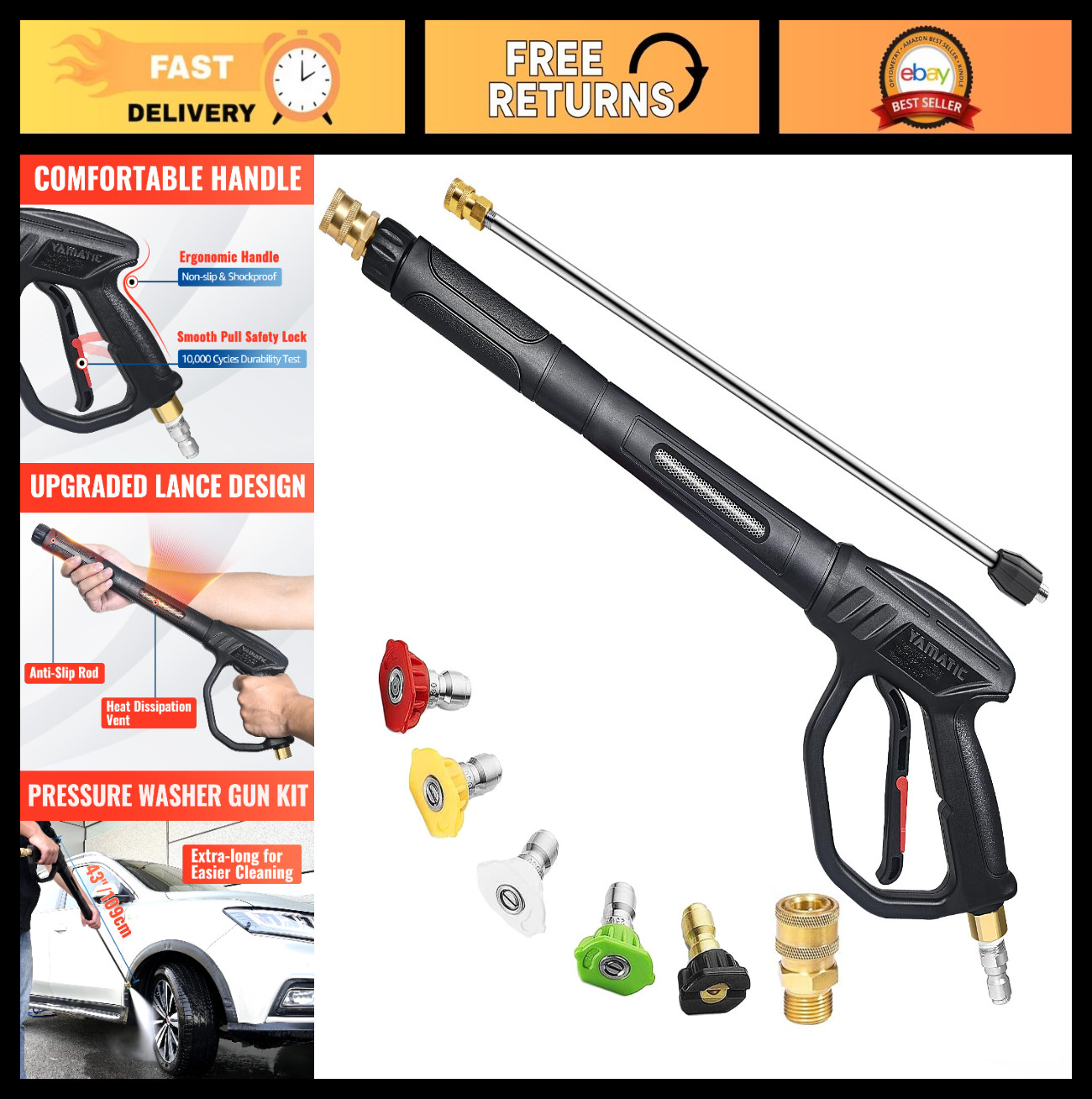 Pressure Washer Gun Wand with Swivel 3/8″ Plug & M22 Coupler – 43″ Ergonomic Ext