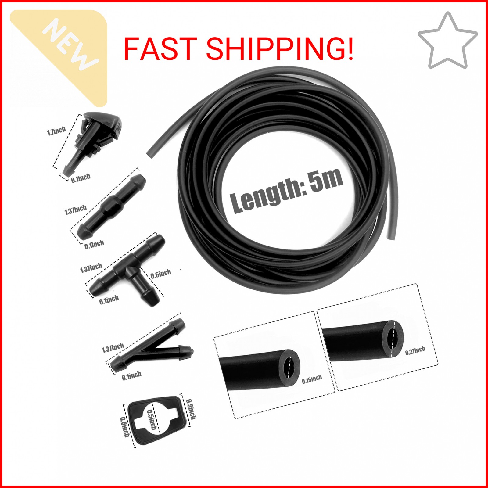 Windshield Washer Hose Kit, 5M Washer Fluid Hose+12 Pcs Hose Connectors+2 Fan No