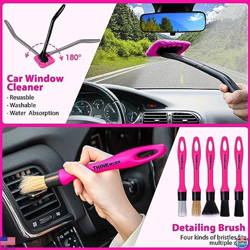 Car Detailing Kit with Cordless Vacuum, Interior Cleaner & Brushes, Pink