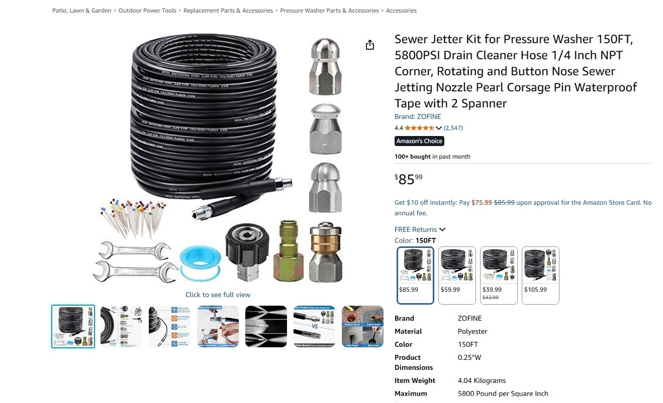 150FT Sewer Jetter Kit for Pressure Washer 5800PSI 1/4″ Drain Cleaner Hose- OB