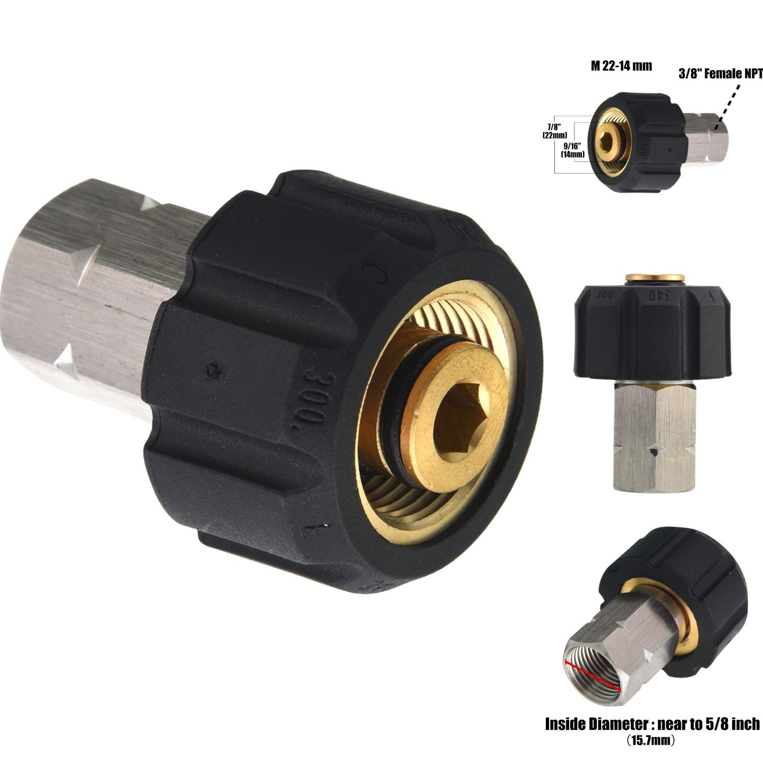 M22 Female to 3/8 Inch Female NPT Pressure Washer Adapter Fitting 4500 PSI SS