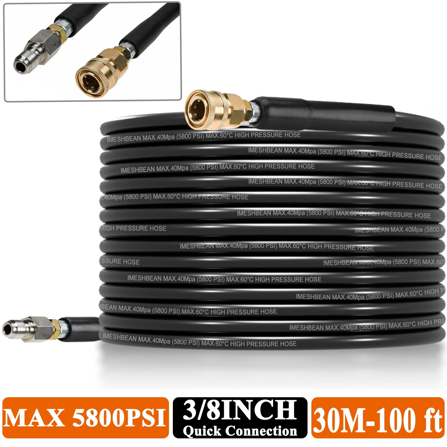 High Pressure Washer Hose 100ft 5800PSI 3/8IN QC Power Washer Extension Tube