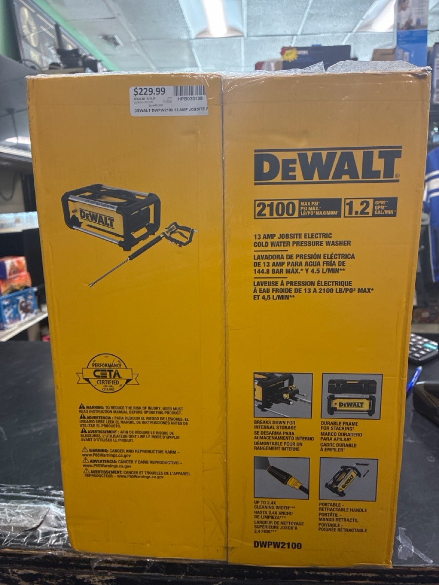 Dewalt DWPW2100 13 Amp Jobsite Pressure Washer 2100 PSI 1.2 GPM OB (HPB030138)