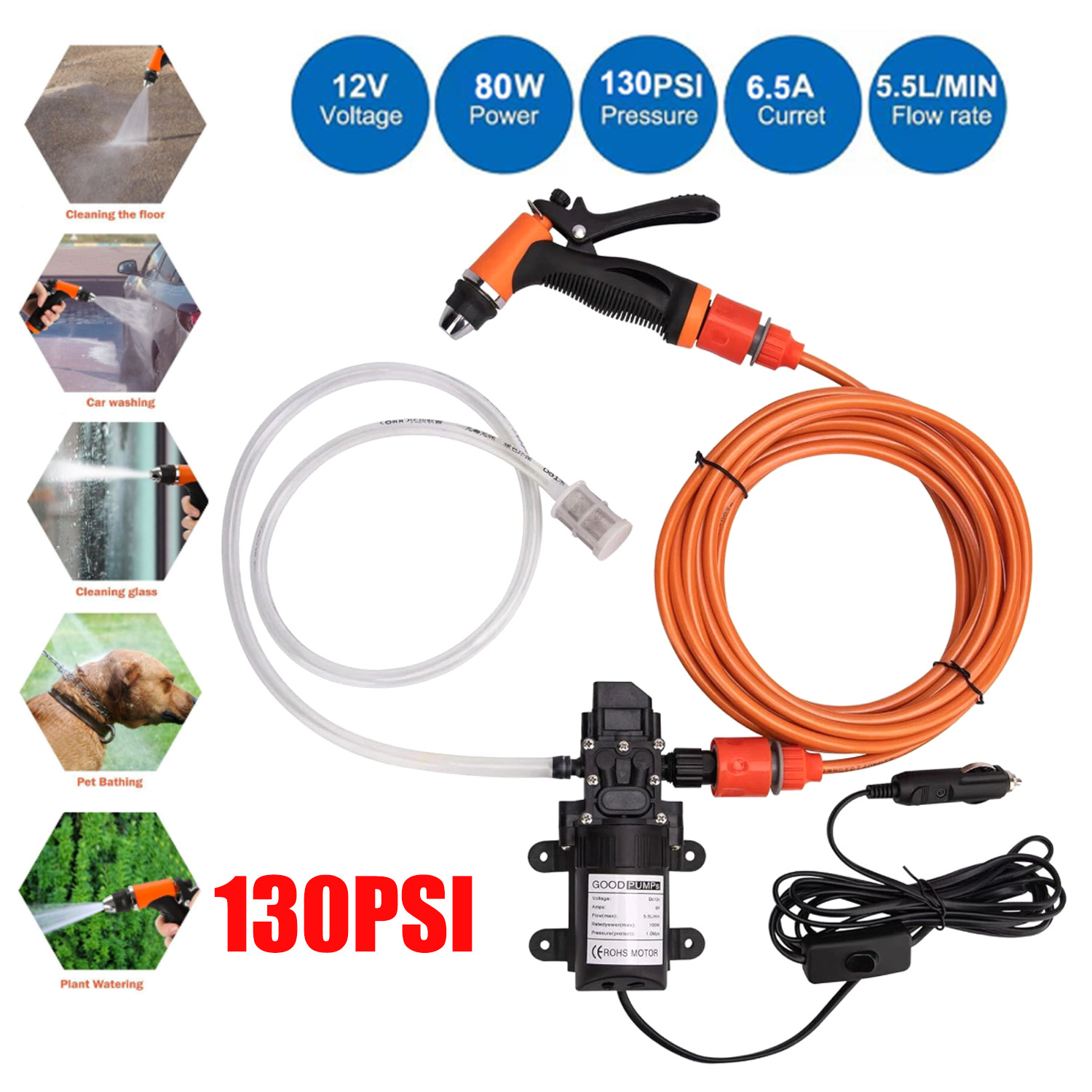 12V Spray Gun & 130PSI Water Pump & Hose Kit For Wash Car Garden Watering