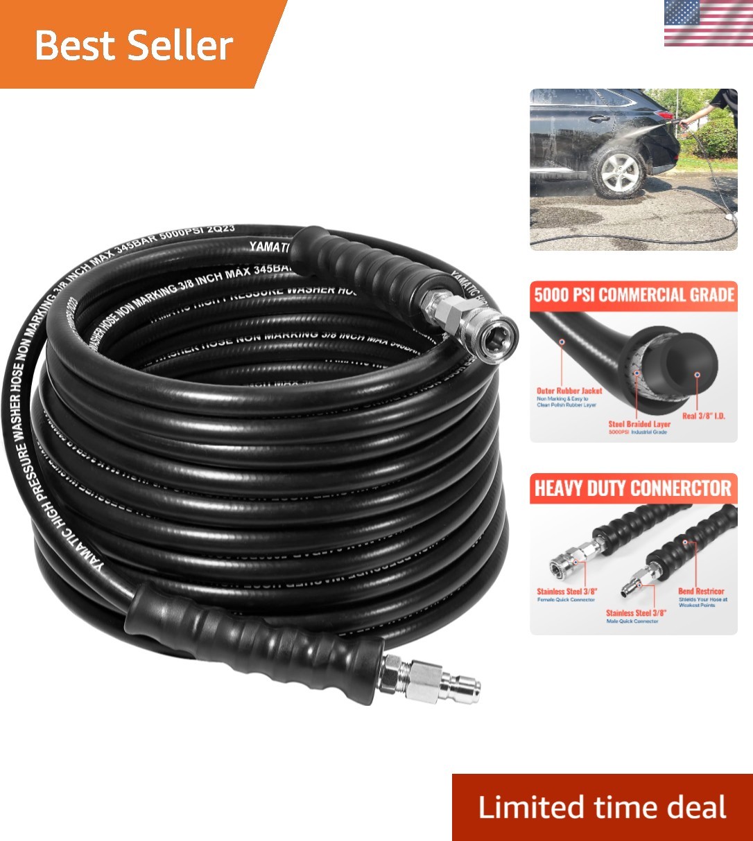 High-Strength Pressure Washer Hose 50FT Black Rubber Steel