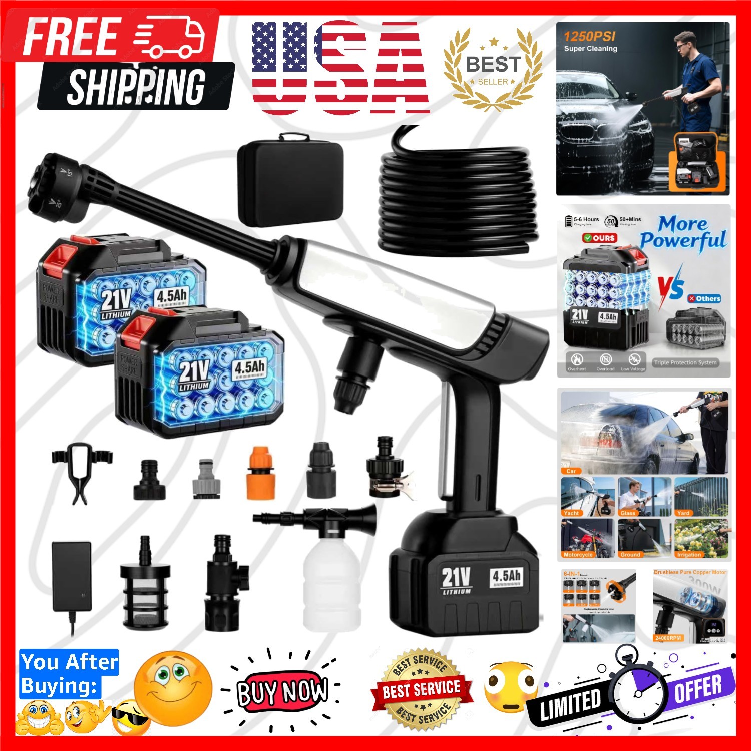 Cordless Pressure Washer Battery Powered,Portable Power Washer with 2pcs 4.5A…
