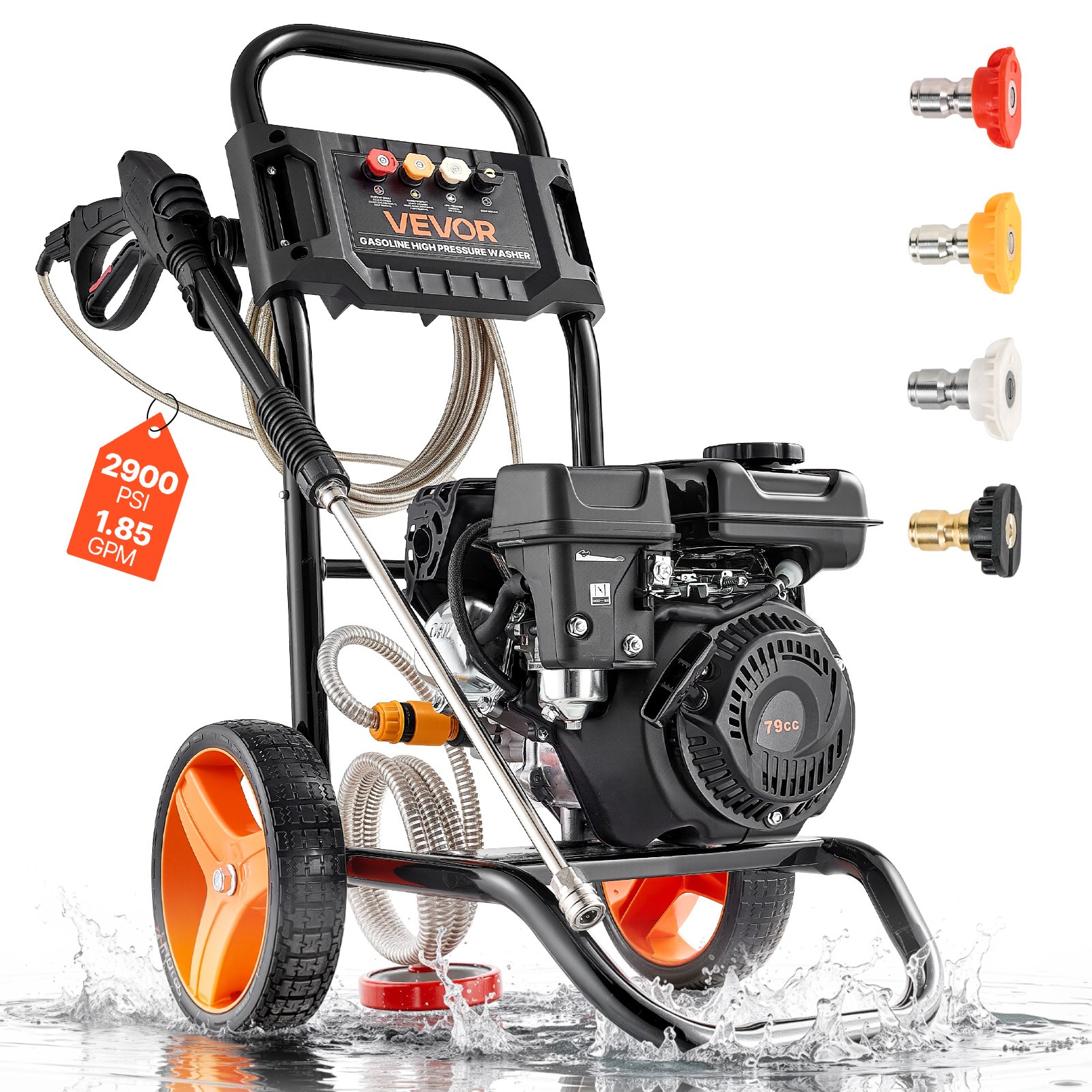VEVOR Gas Pressure Washer 2900 PSI 1.85 GPM Aluminum Pump 4 Nozzles for Cars