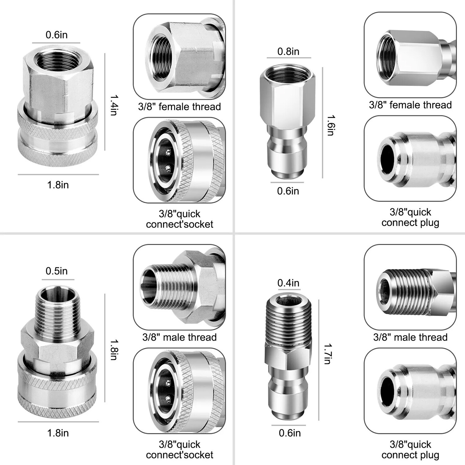 3/8inch Thread Fitting Pressure Washer Quick Connect Stainless Steel Adapter Set