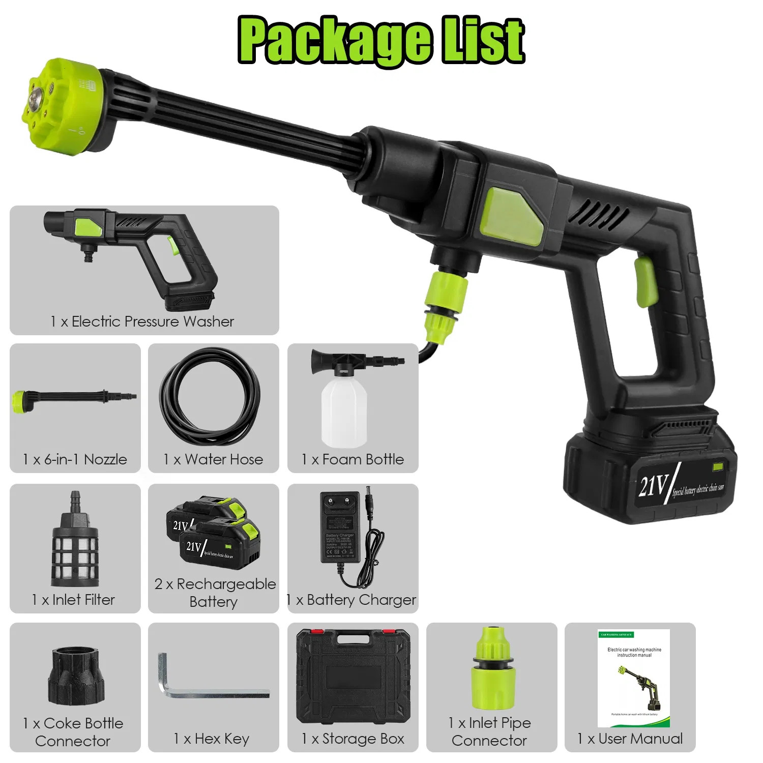 21V Cordless Pressure Washer 435PSI 6-in-1 Nozzle 15000mAh Battery Kit