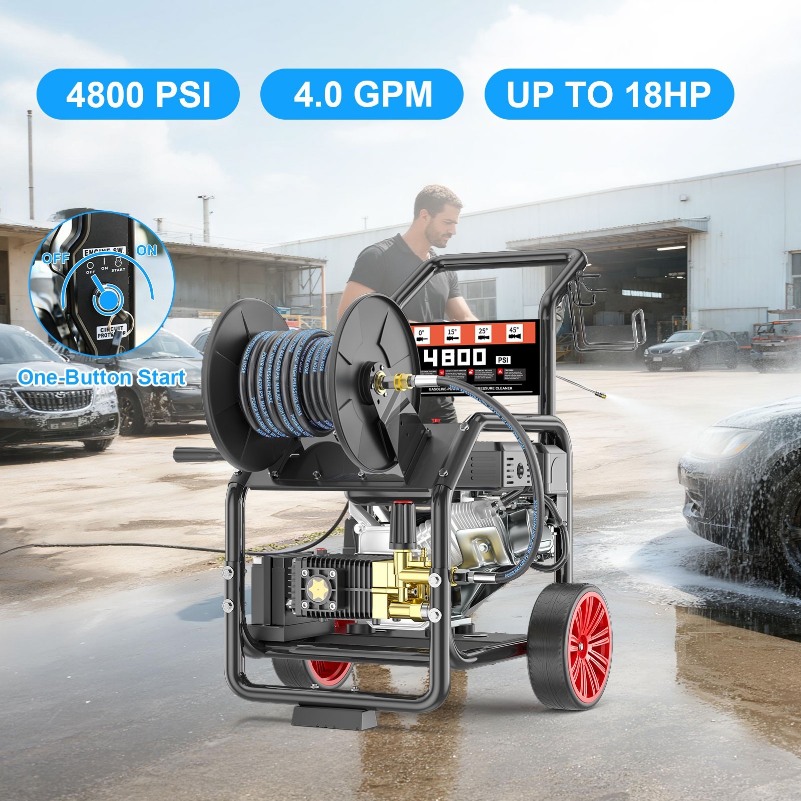 POHIR 4800PSI Gas Pressure Washer 4.0 GPM 500cc 18HP Electric Start 50FT Hose