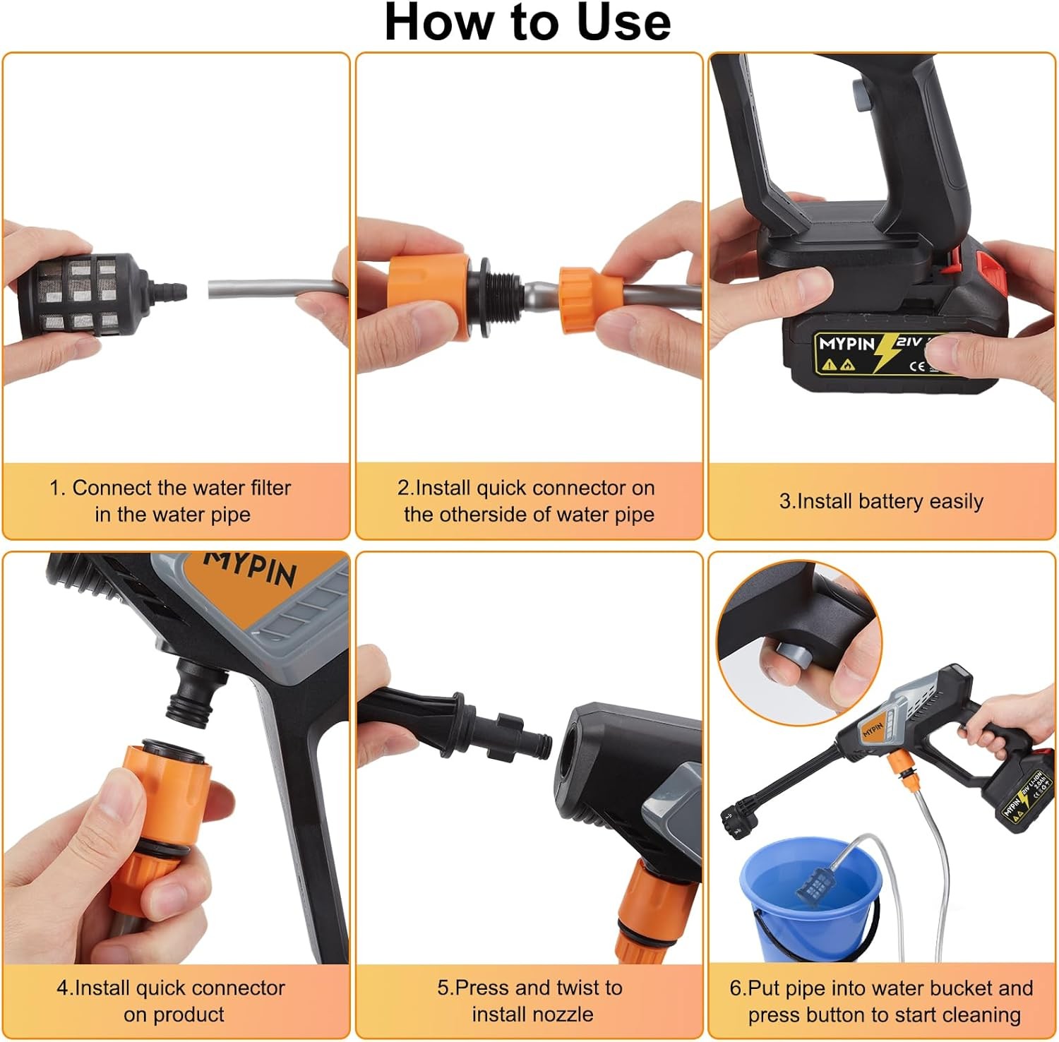 Portable Cordless Pressure Washer 600 PSI 21V w/ 2 Batteries & 6-in-1 Nozzle