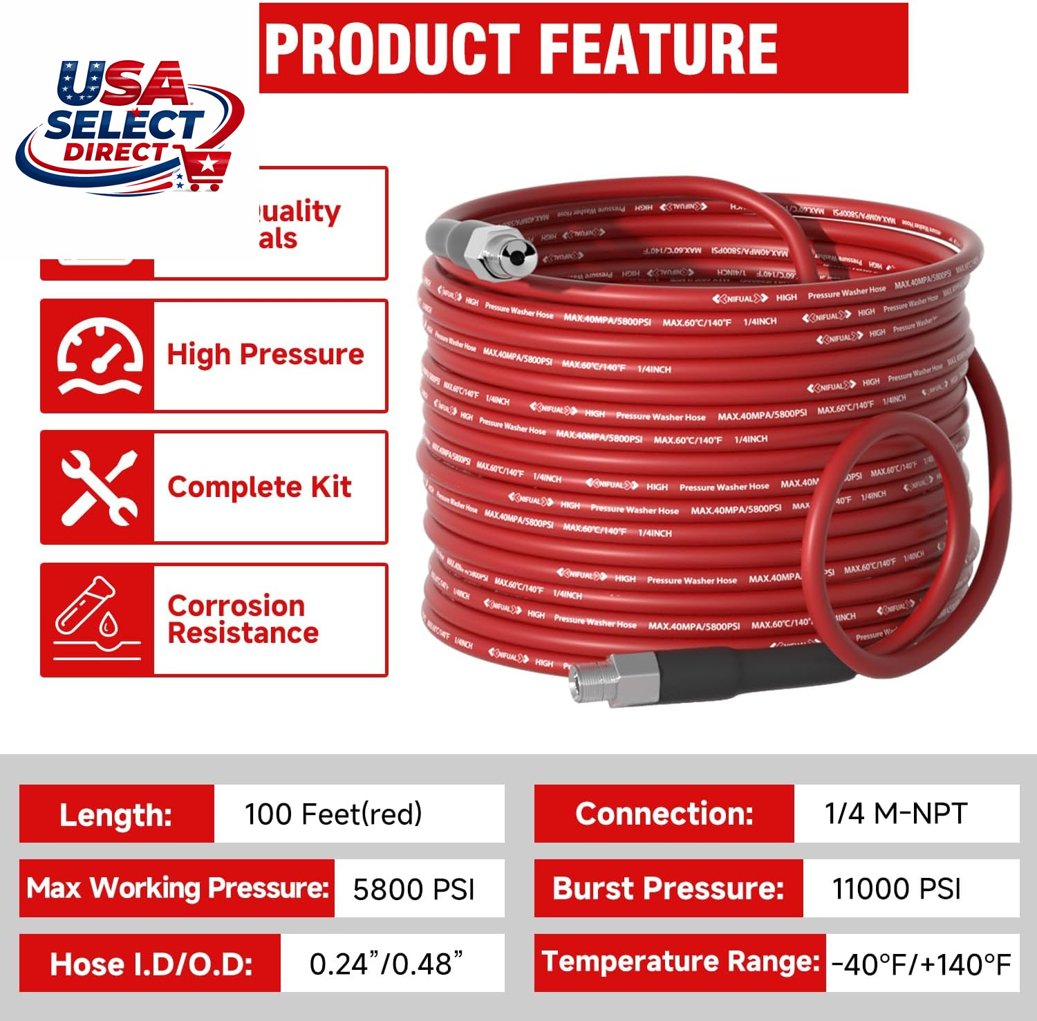 Sewer Jetter Kit for Pressure Washer 100Ft 5800PSI with Nozzles