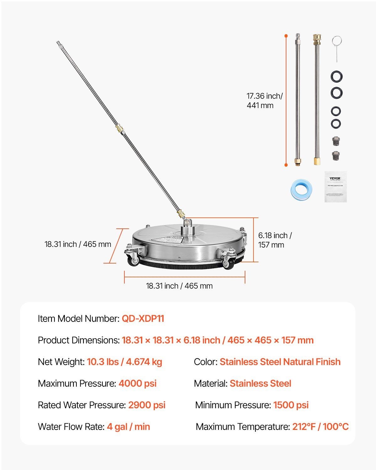 4000PSI 18in 4-Wheel Surface Cleaner & Quick Connect & Stainless Steel