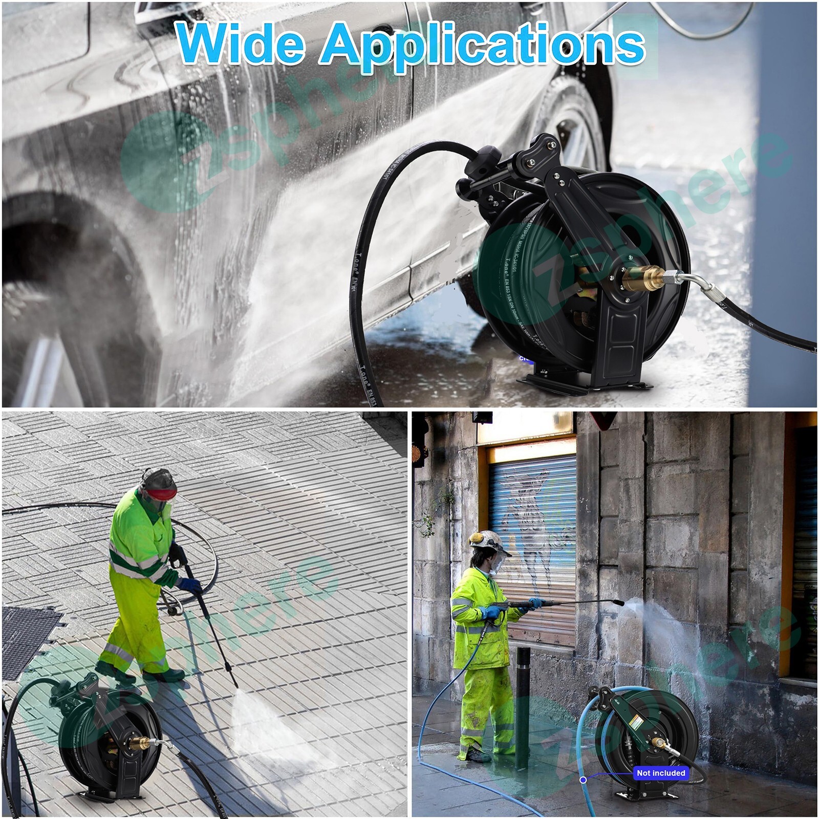 Pressure Washer Hose Reel Kit | 50′ Rubber Steel Hose and 4′ Jumper with 3/8″ QC