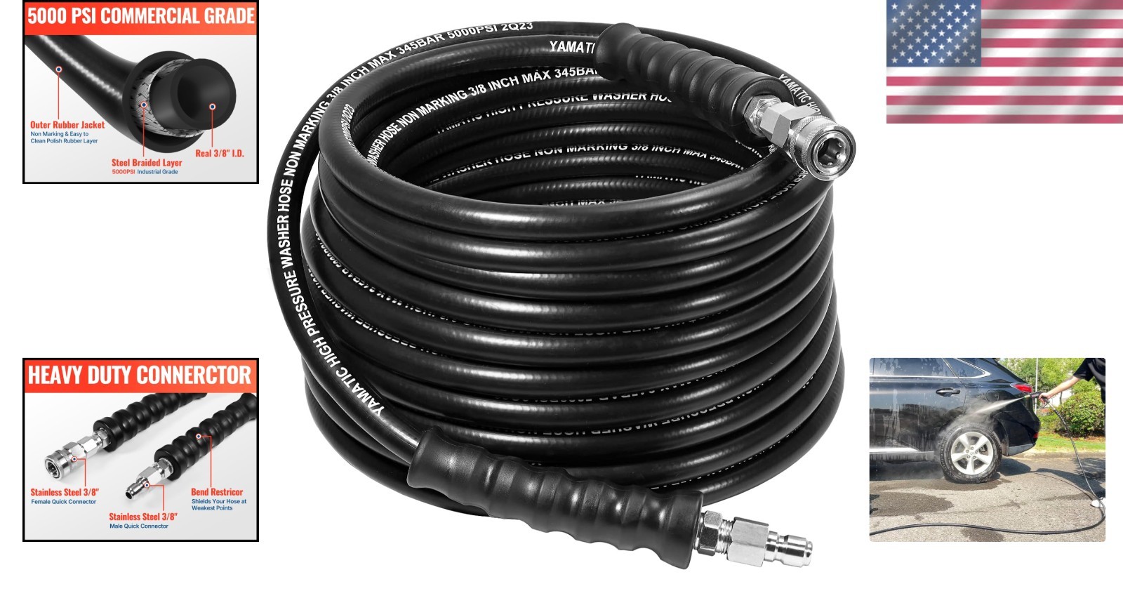 Heavy-Duty 50FT Pressure Washer Hose – 5000 PSI, Rubber & Steel Construction