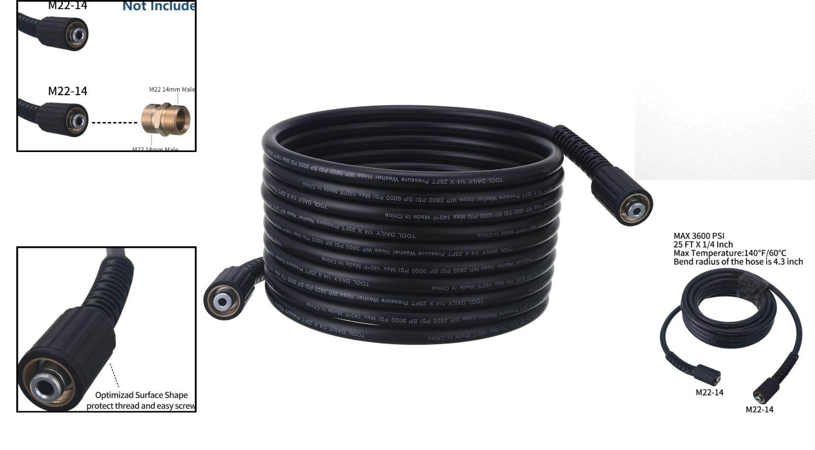 Durable 25 FT High Pressure Washer Hose, 3600 PSI M22 Thread, PVC Construction