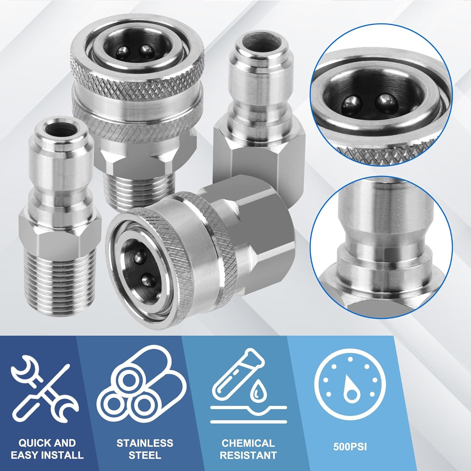 8pcs 3/8″NPT Quick Connect Pressure Washer Hose Fittings Stainless Steel Adapter