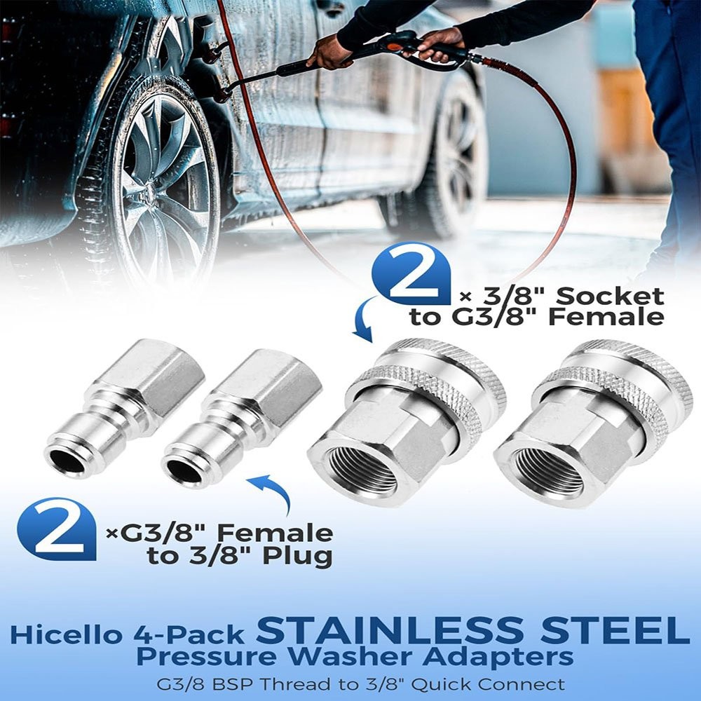 4× G3/8 Male and Female Threaded Adapters Stainless Steel Pressure Washer Parts