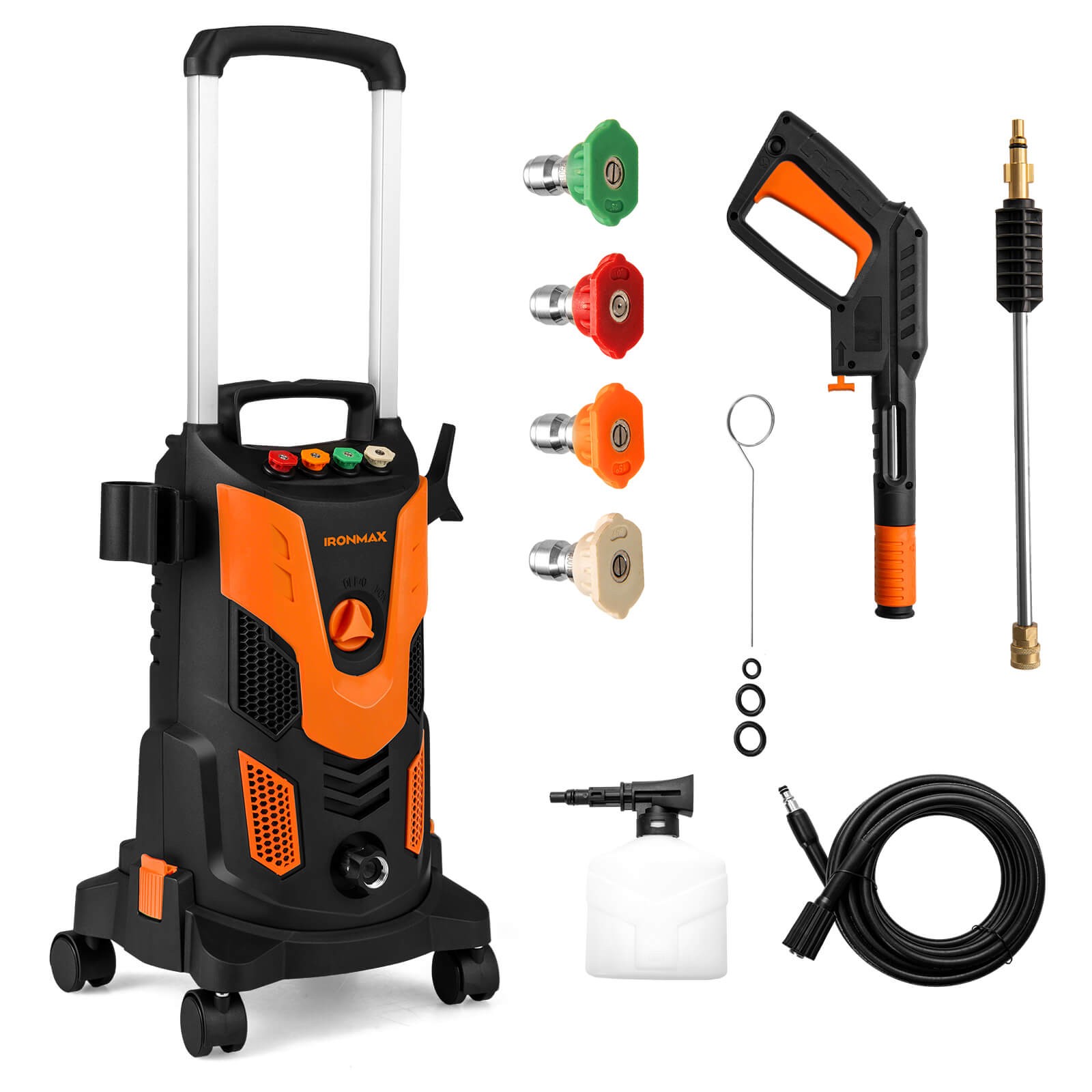 Electric Pressure Washer w/ 4 Nozzles & Soap Bottle Lockable Wheels for Cleaning