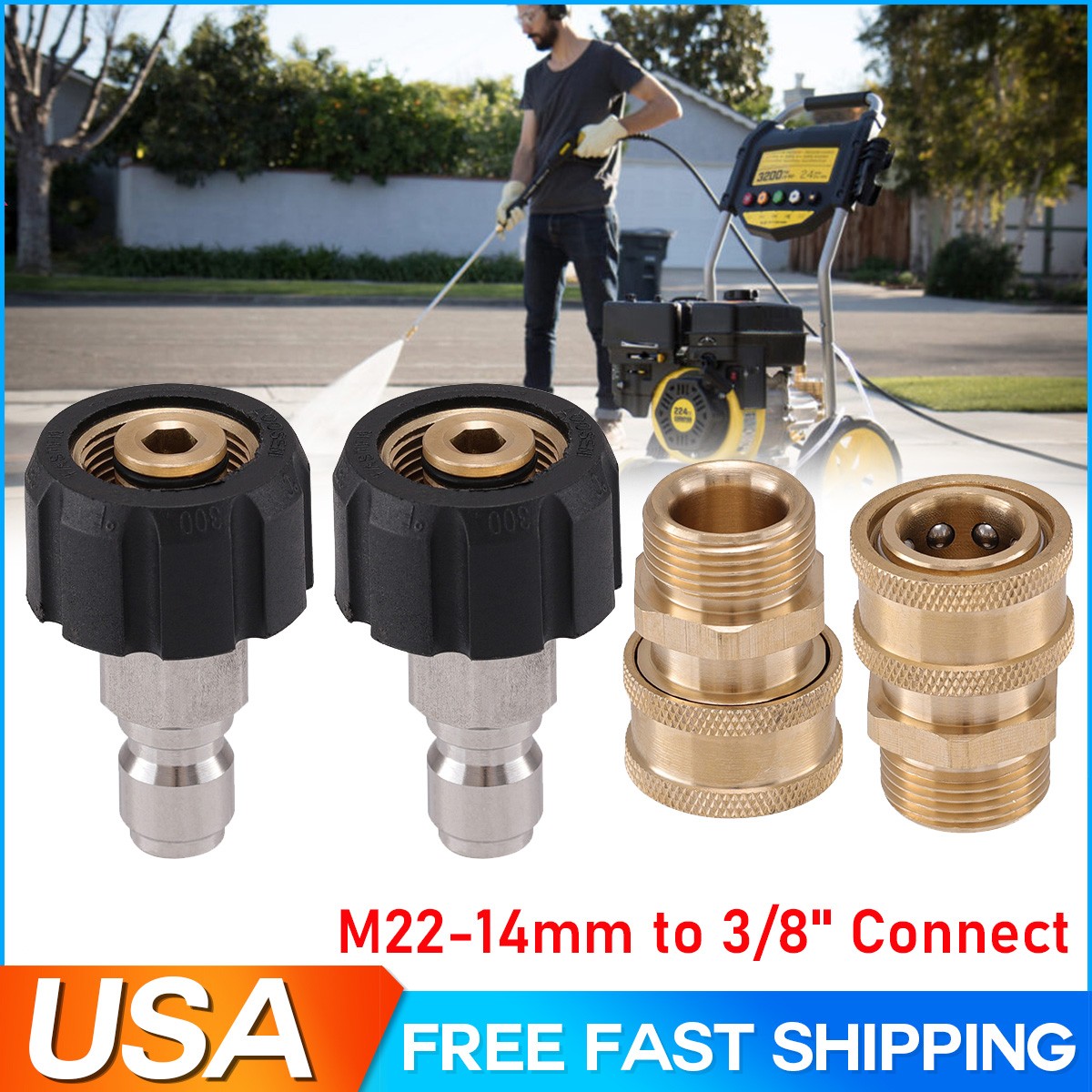 4PCS Pressure Washer Adapter Set Quick Disconnect M22 Swivel to 3/8” Connect