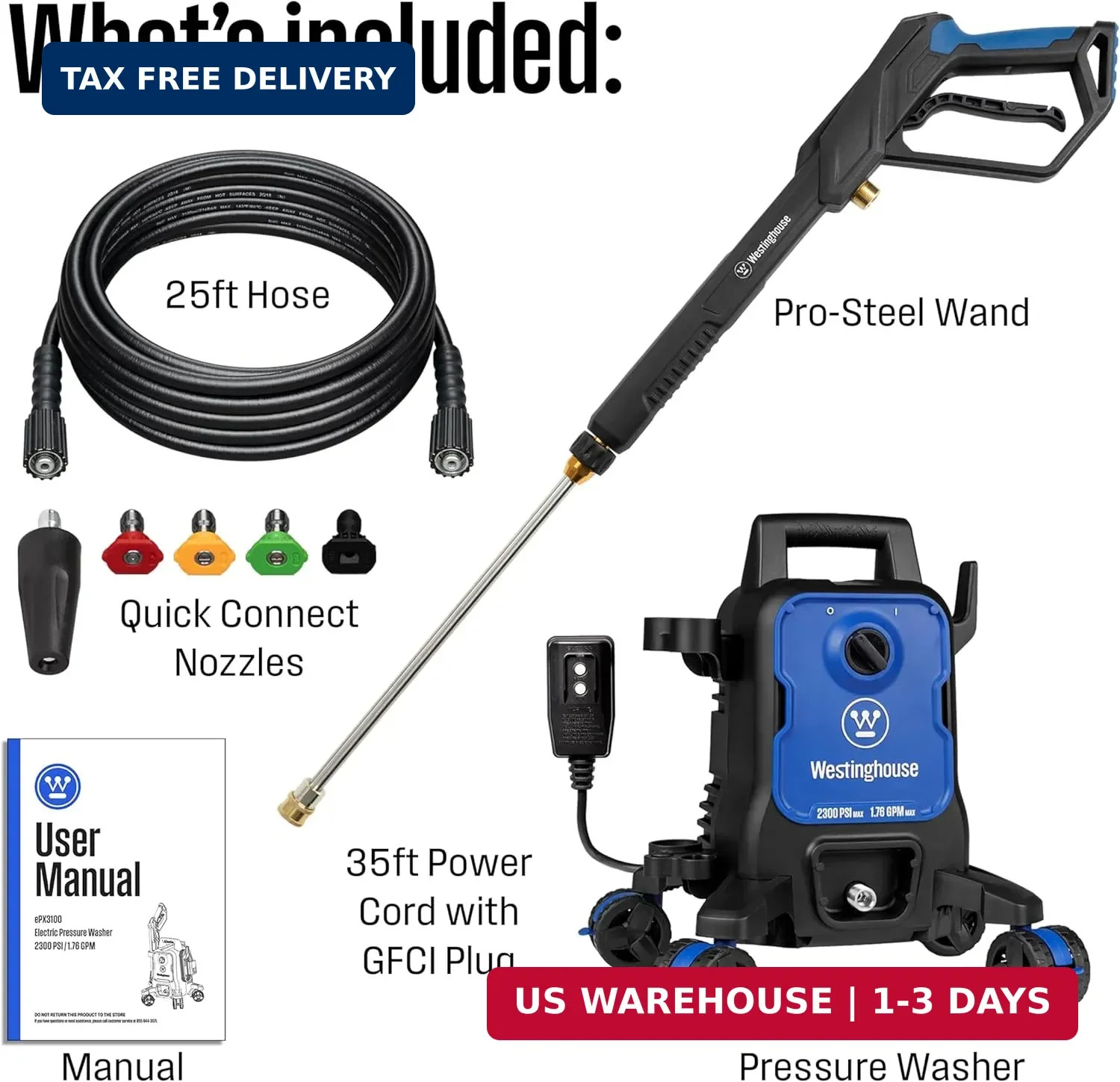 Westinghouse ePX3100 Electric Pressure Washer, 2300 Max PSI 1.76 Max GPM with An
