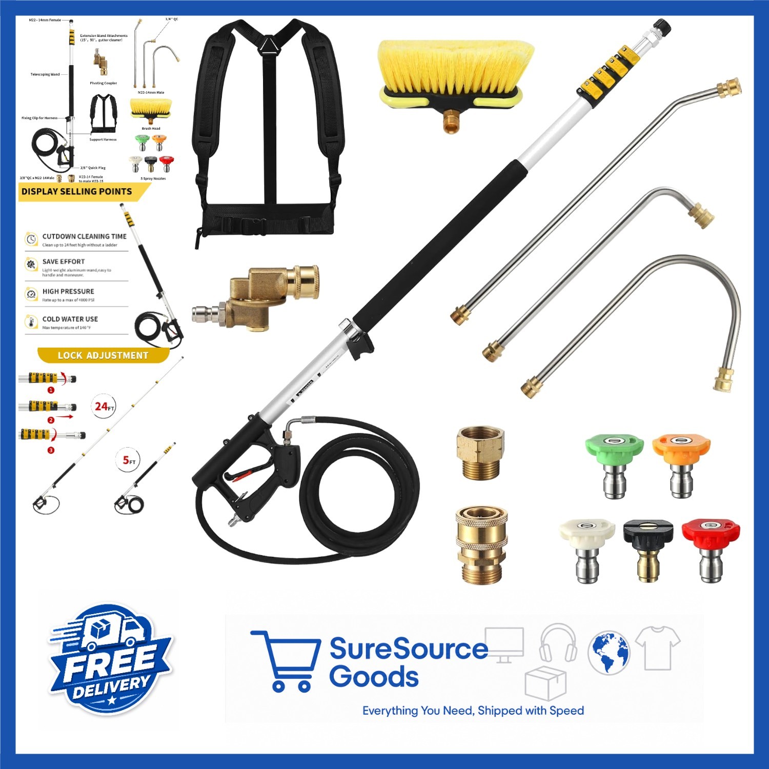 Telescoping Pressure Washer Wand 24 FT with 5 Spray Nozzles and Support Belt