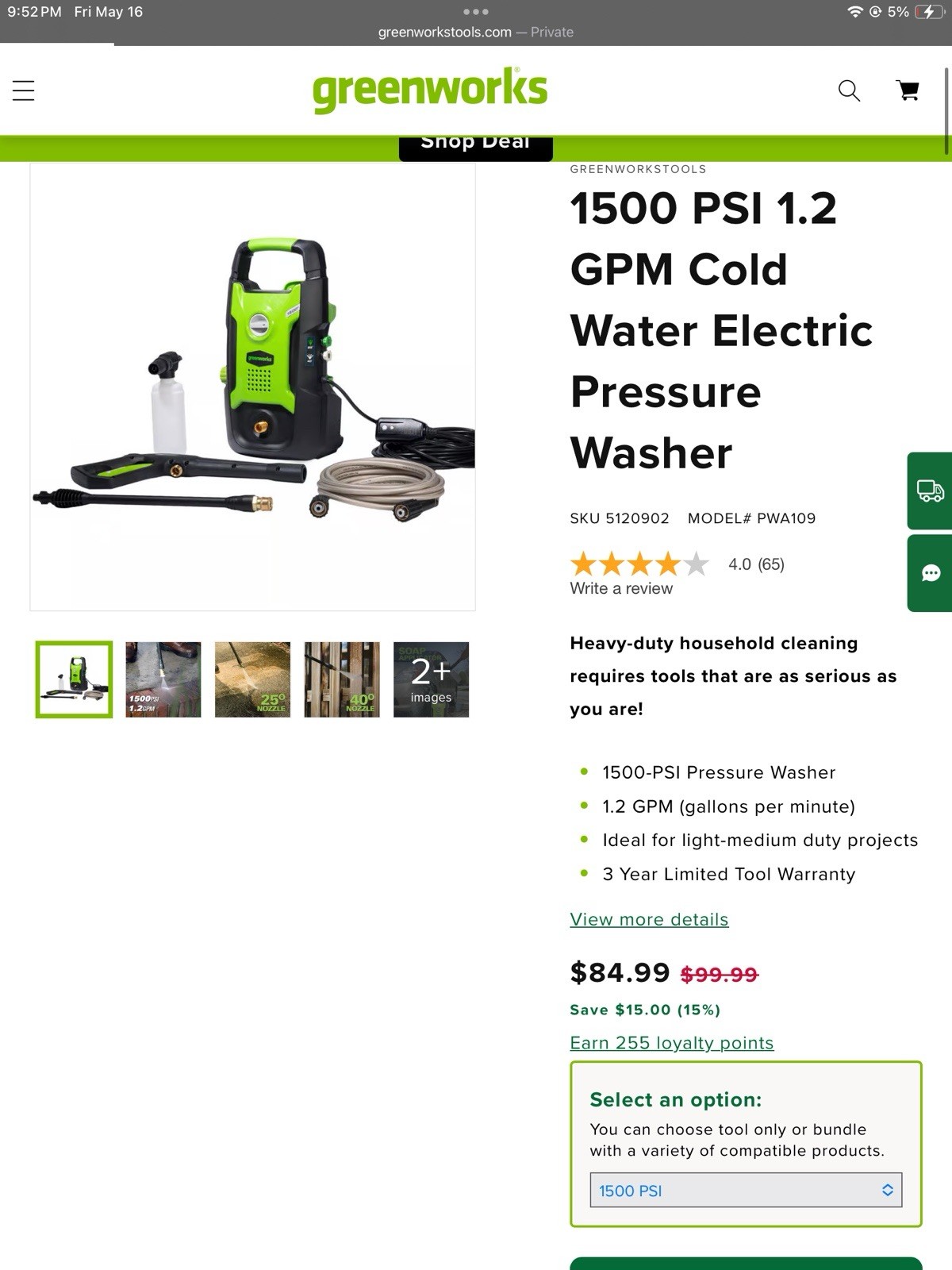 Greenworks 1500 PSI Pressure Washer | Gently Used |