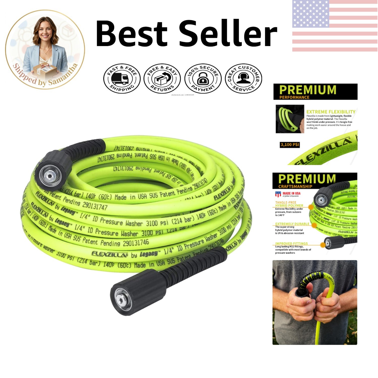 3100 PSI 1/4 in. Pressure Washer Hose, 50 ft with Flexible Hybrid Polymer Design