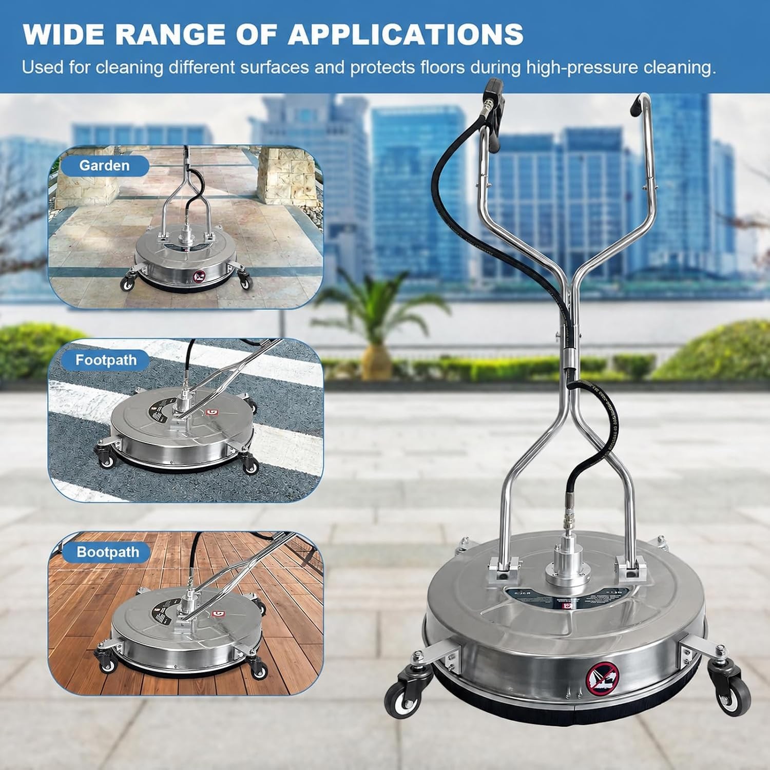 24″ Pressure Washer Surface Cleaner Stainless Steel 4900PSI Dual Handle 4 Wheels