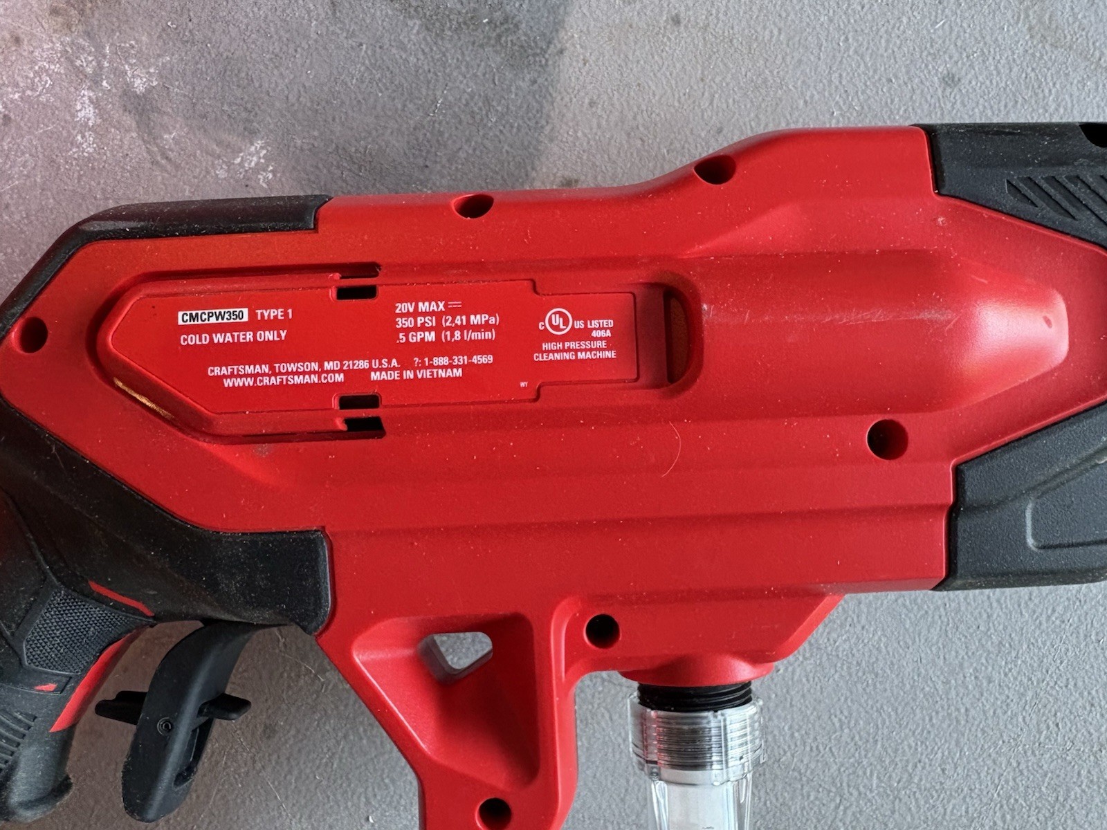 Craftsman V20 20V 350 PSI Cold Water Cordless Pressure Washer Kit Quick Connect