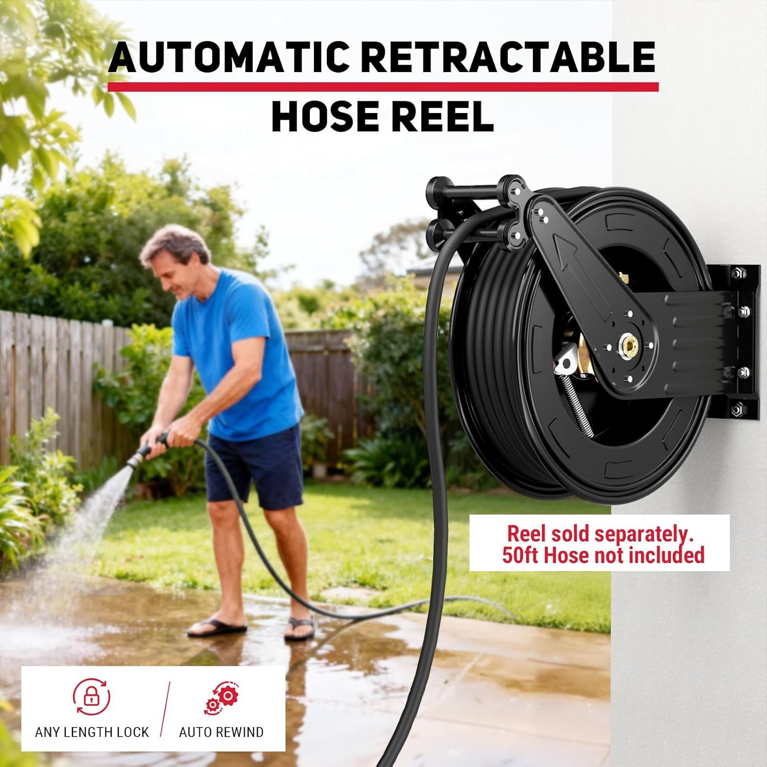 Auto Rewind Hose Reel Pressure Washer 3/8×50 Ft 4000 PSI Steel