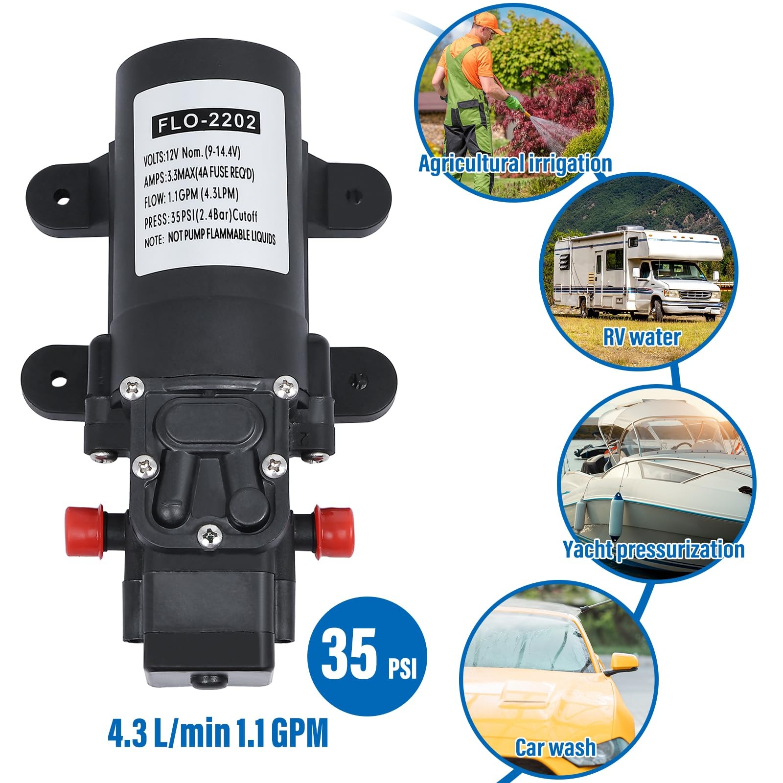 12V 1.1 GPM Water Pressure Diaphragm Pump,35 PSI Self Priming Pump Water Pump…
