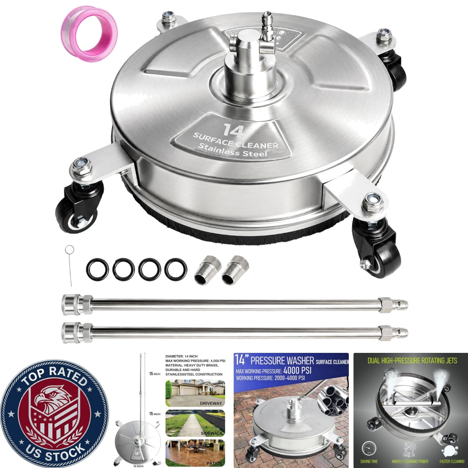Effortless 14″ Surface Cleaner with 4 Wheels – Perfect for Patios & Driveways