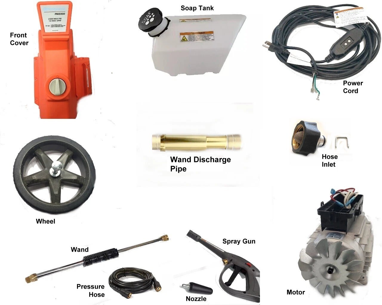 Husqvarna PW 2300 Pressure Washer Wheels Motor Cover Cord Soap Tank Inlet Pipe