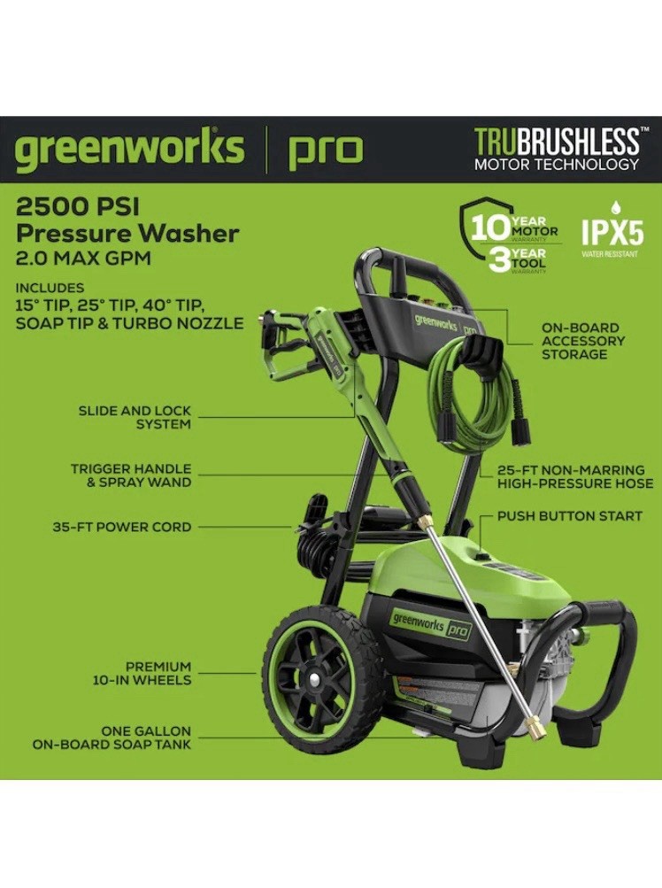 Greenworks Pro 2500 PSI TruBrushless Corded Electric Pressure Washer, Soap Tank