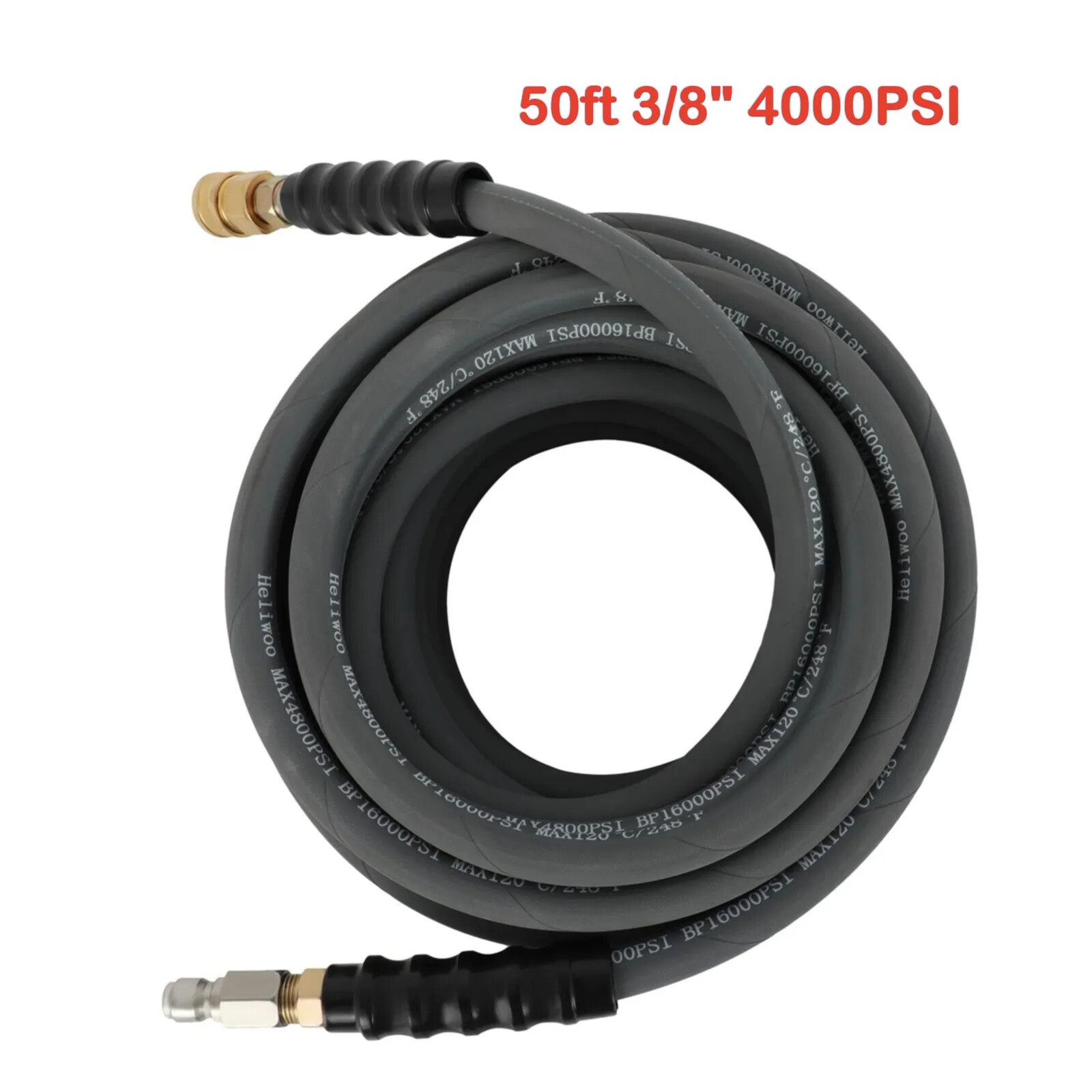 3/8″ x 50ft 4000psi Water Pressure Washer Hose Non-Marking Gray With Couplers.