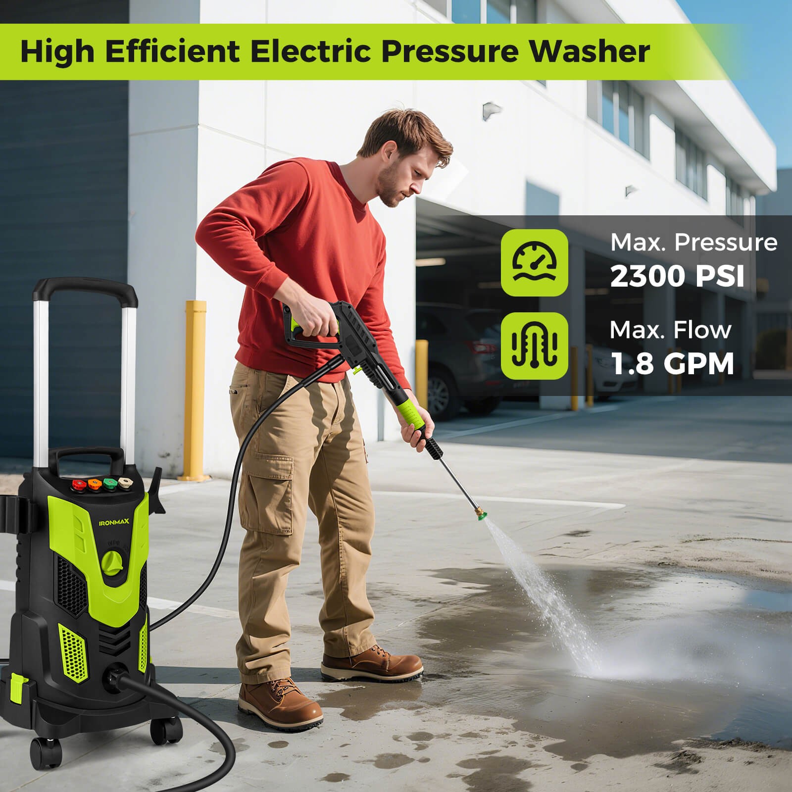 Electric Pressure Washer w/ 4 Nozzles & Soap Bottle Lockable Wheels for Cleaning