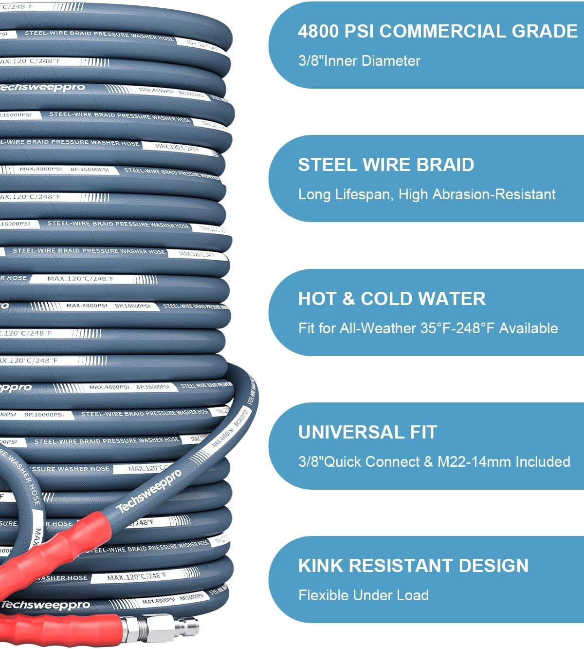 4800PSI Pressure Washer Hose 100FT with 3/8″ Swivel Quick Connect for Cold/Hot