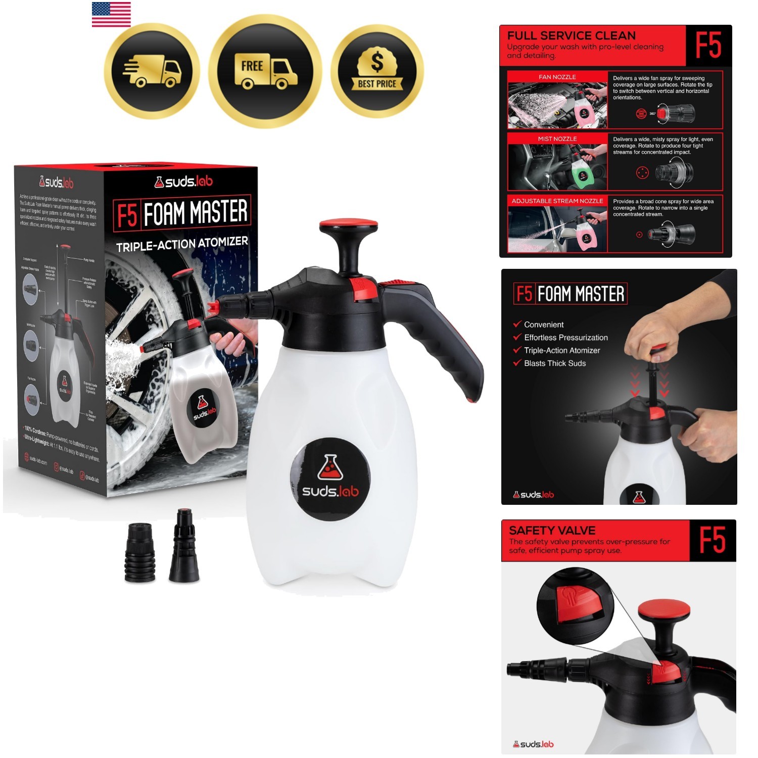 Suds Lab F5 Foam Master – Triple-Action Pump Foam Sprayer with 3 Nozzles, Cor…