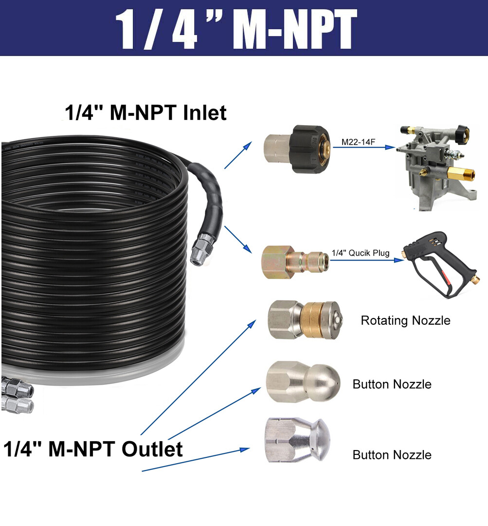50/100/200FT 1/4″M-NPT Drain Cleaning Hose Sewer Jetter Nozzles-Pressure Washer