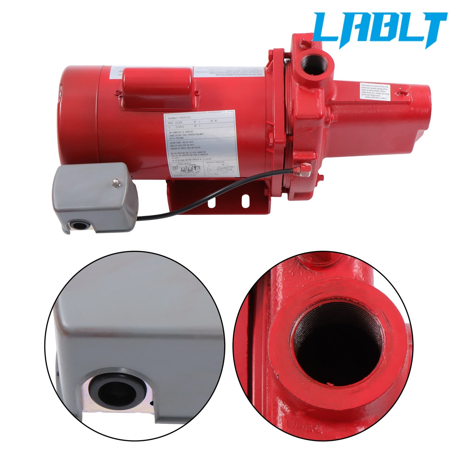 LABLT 1HP 23GPM Dual Voltage 115/230 Volt Cast Iron Shallow Jet Pump Red 602208