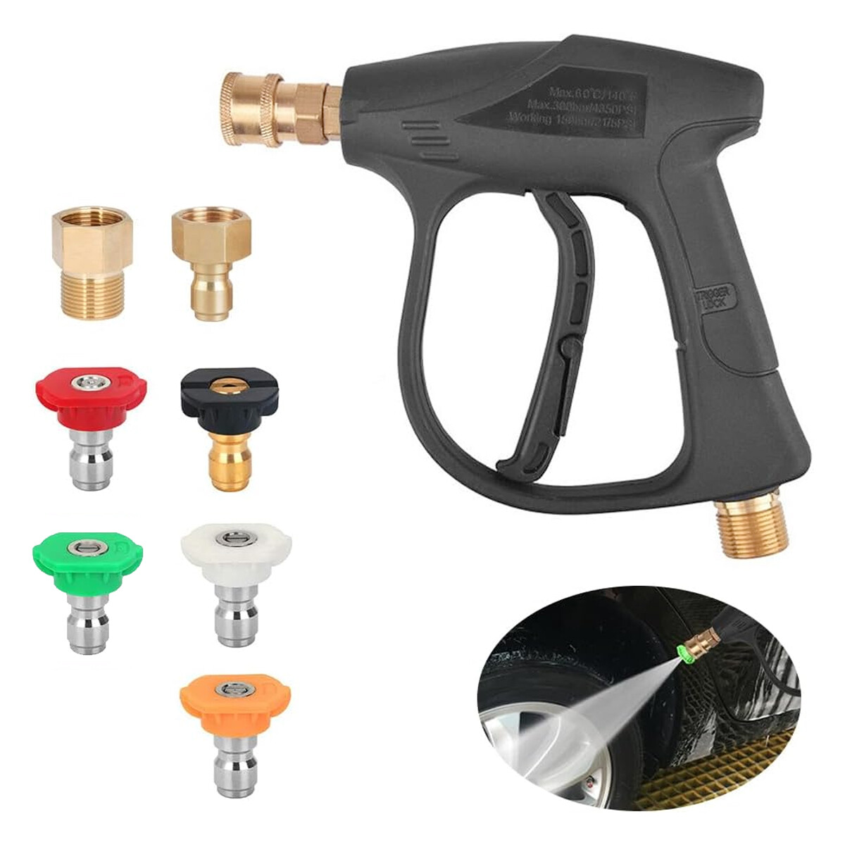 1/4″ High Pressure Washer Gun 4000 PSI Car Wash Foam Spray Short Wand w/5 Nozzle