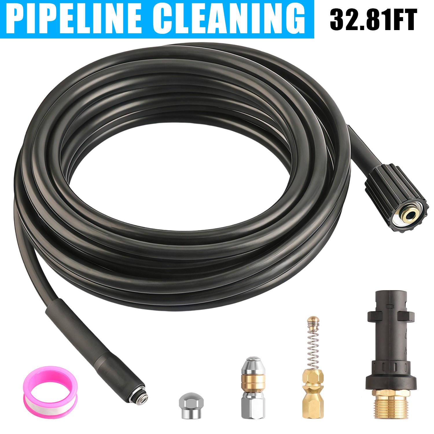 32FT 1/4″ M-NPT 5800PSI Drain Cleaner Hose Sewer Jetter Kit for Pressure Washer