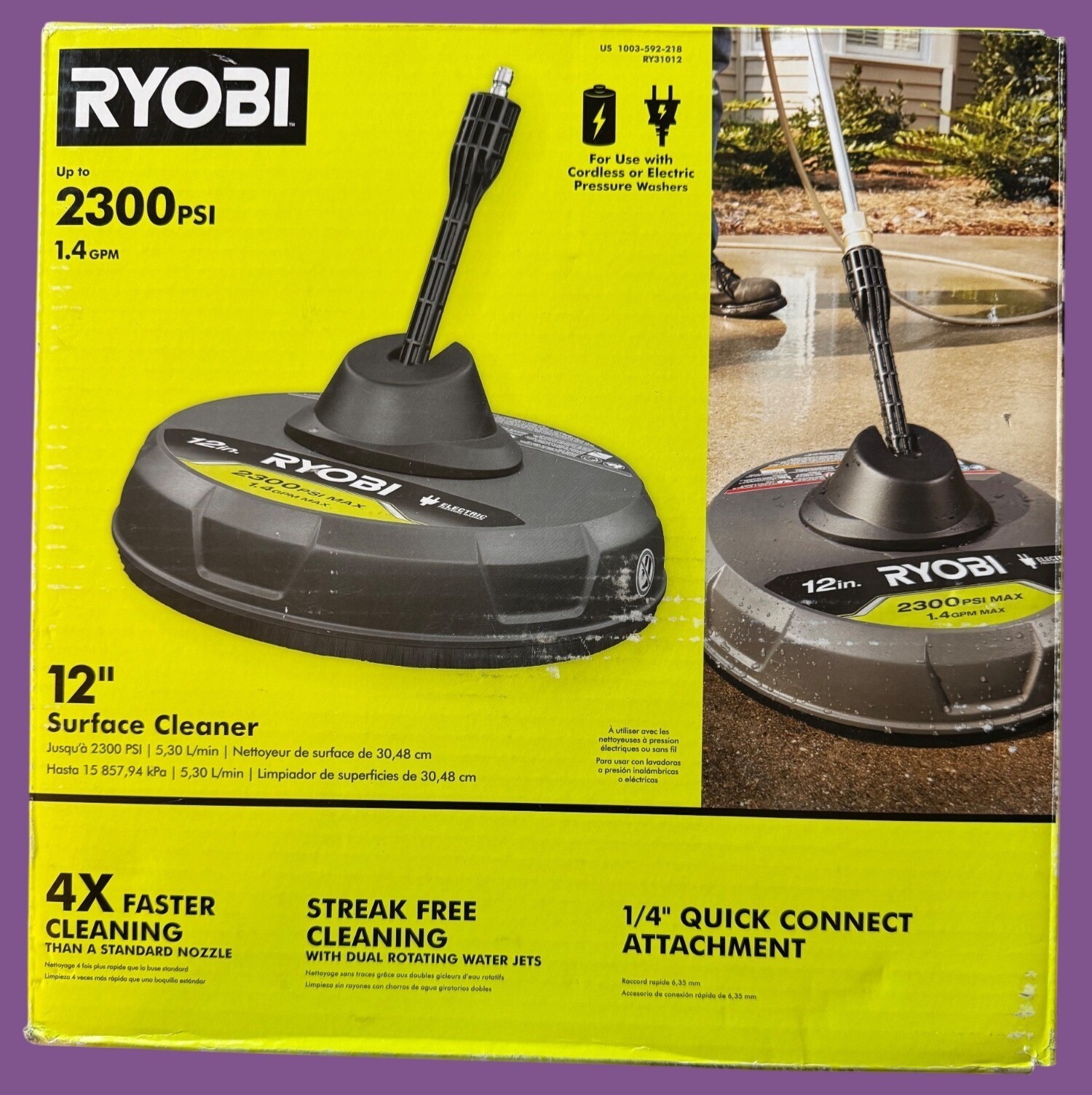 Ryobi 12″ Surface Cleaner For Pressure Washers Up To 2300 PSI 1.4 GPM With Quick